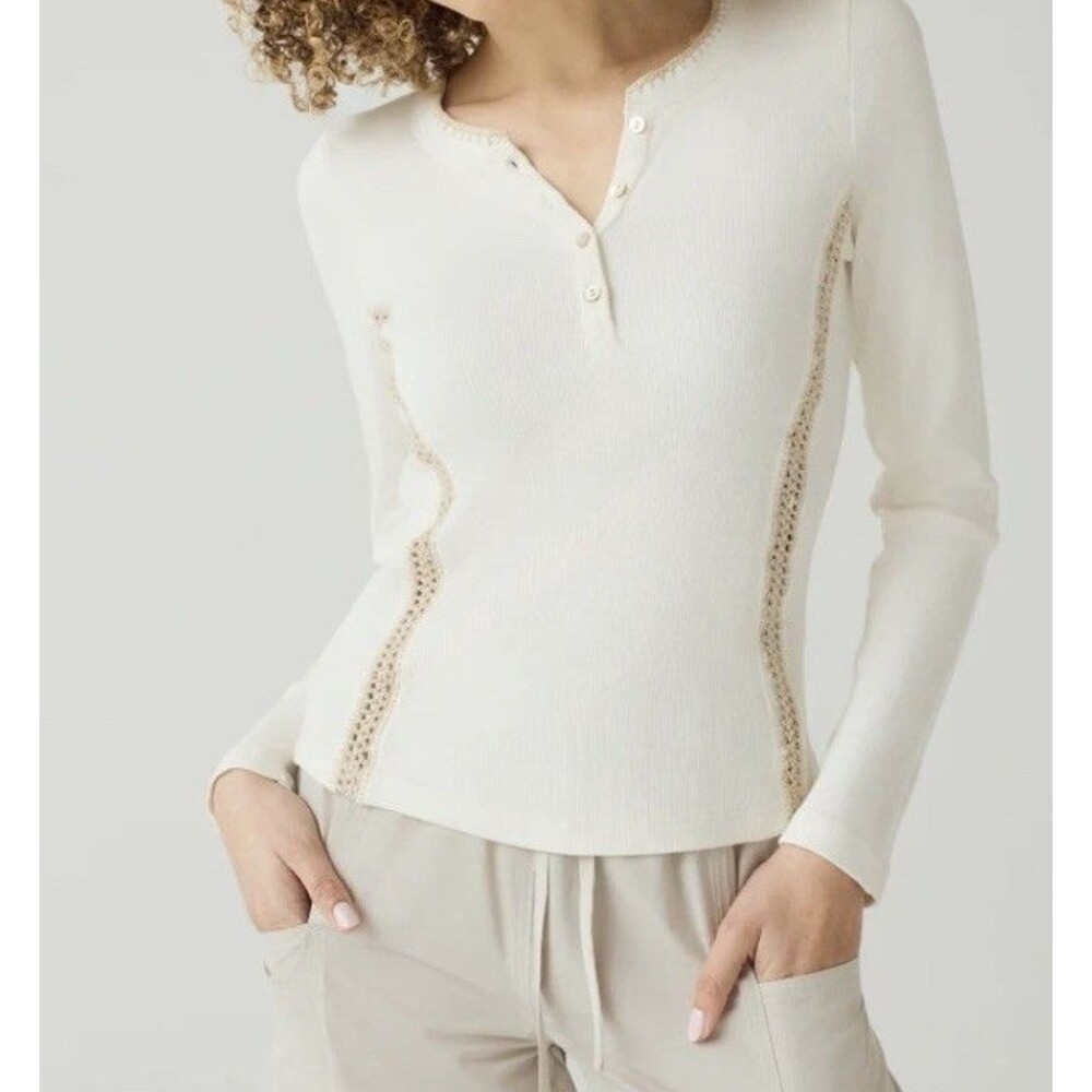 Alp N Rock Womens Small Iris Henley Crochet Shirt Organic Cotton Off White